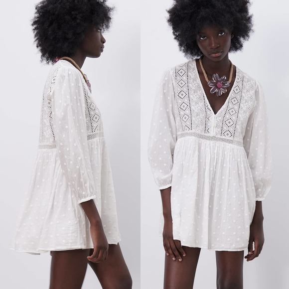 ZARA SWISS DOT EMBROIDERED DRESS WHITE - Picture 6 of 15